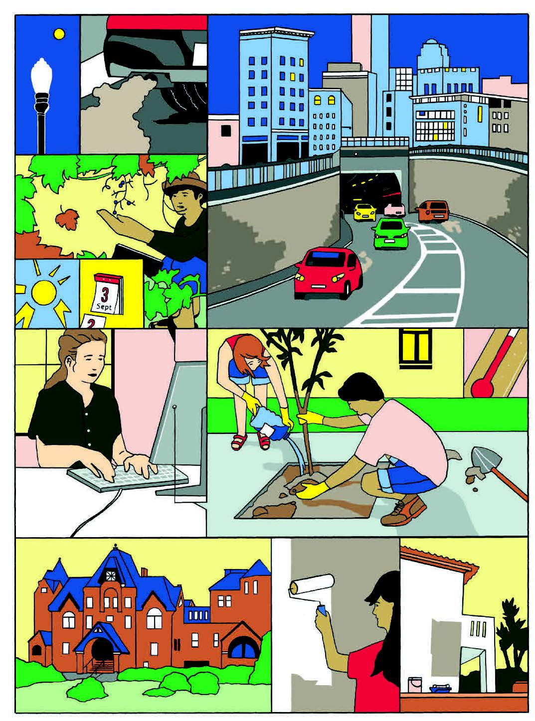 Cartoon depicting scenes of climate change and adverse health effects, and Boston