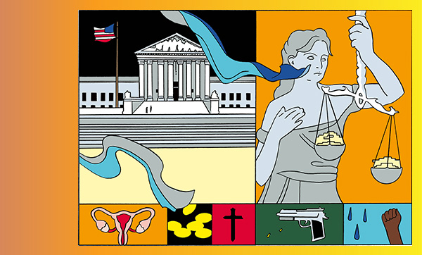 Cartoon depicting the steps of the US Supreme Court, the Lady Justice Statue, a uterus, coins, a cross, a gun, and a fist