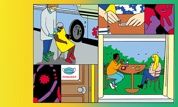 Cartoon depicting scenes from the COVID-19 pandemic