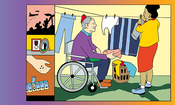 Cartoon depicting elderly people hanging laundry to dry, images of war, a war medal, pills