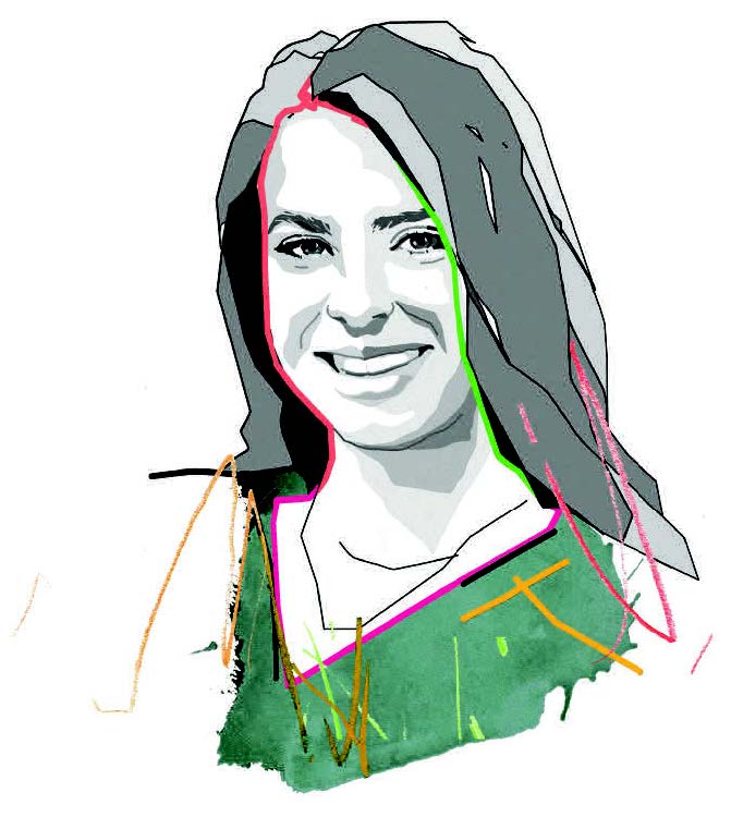 Black and white illustration of Quinn Adams with colourful lines outlining the image