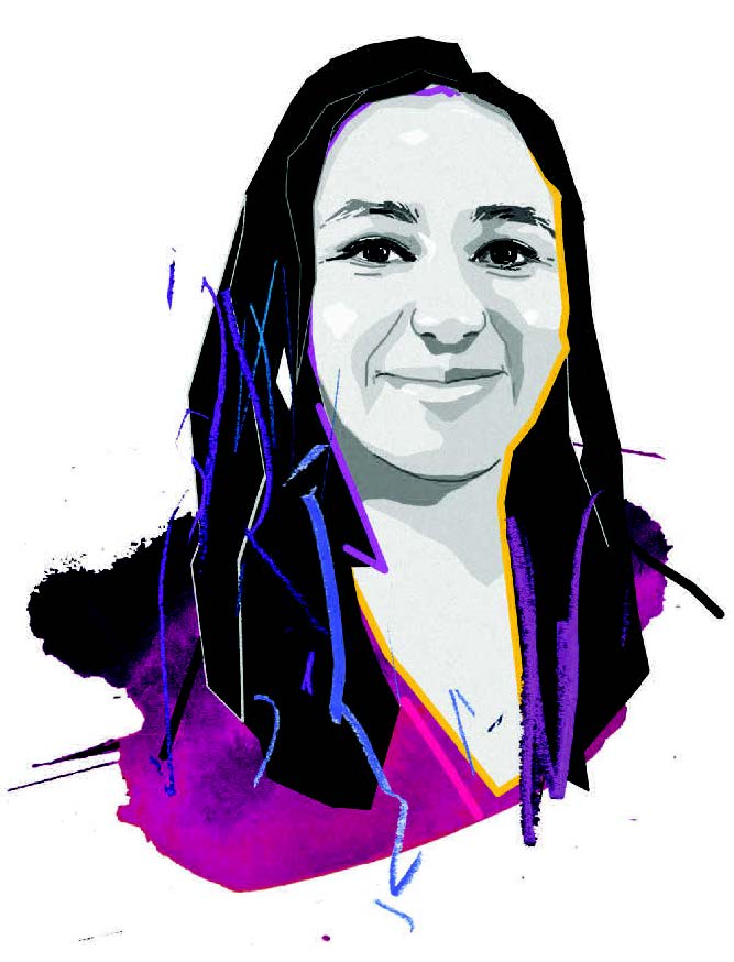 Black and white illustration of Nicole Jeter with colourful lines outlining the image