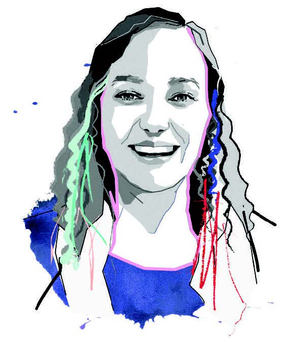 Black and white illustration of Samantha Menard with colourful lines outlining the image