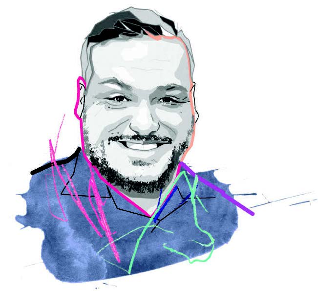 Black and white illustration of Stephen Murray with colourful lines outlining the image
