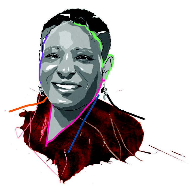 Black and white illustration of Yvette Cozier with colourful lines outlining the image