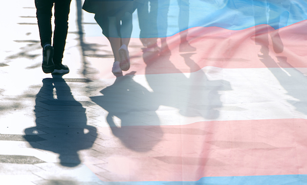 Transgender flag, shadows and silhouettes of people on a road, conceptual picture about anonymous Transgender and Gay Lesbian in the World