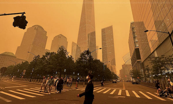 Orange tinted photo of NYC due to wildfire smoke