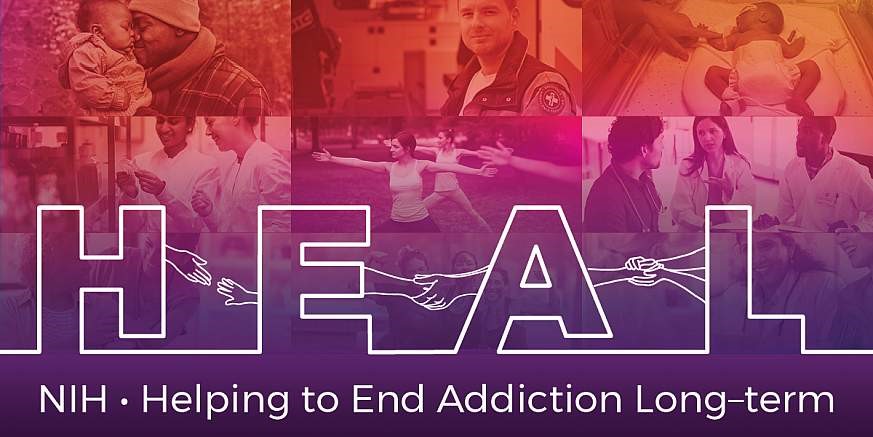 Photo for the HEALing Communities Study, each letter of the word heal is connected with holding hands. In the background there are images of community members engaging in health promoting activities
