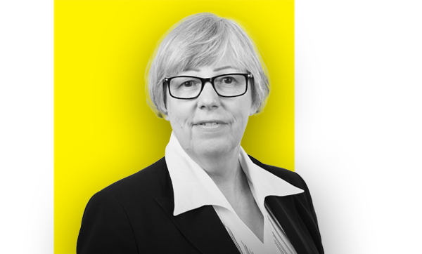 Black and white headshot of Patricia Hibberd with a yellow and white background