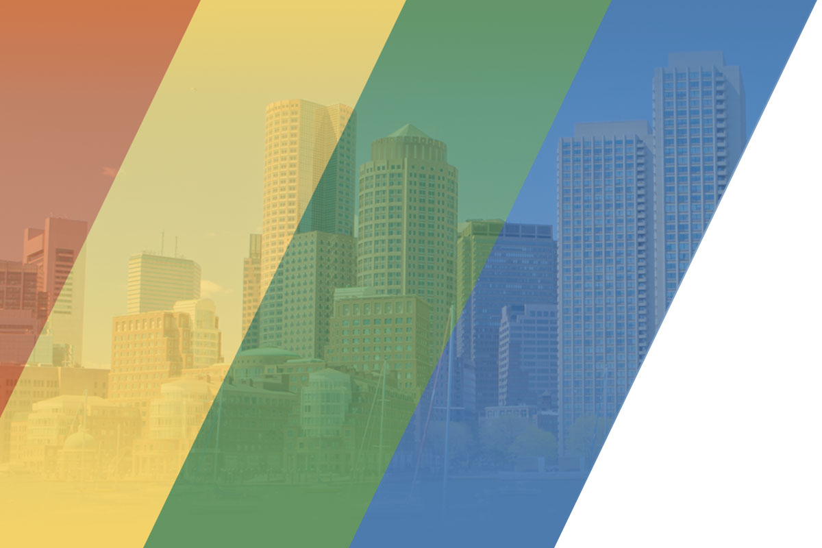 Photo of Downtown Boston overlaid with colors (red, yellow, green, blue, and white)