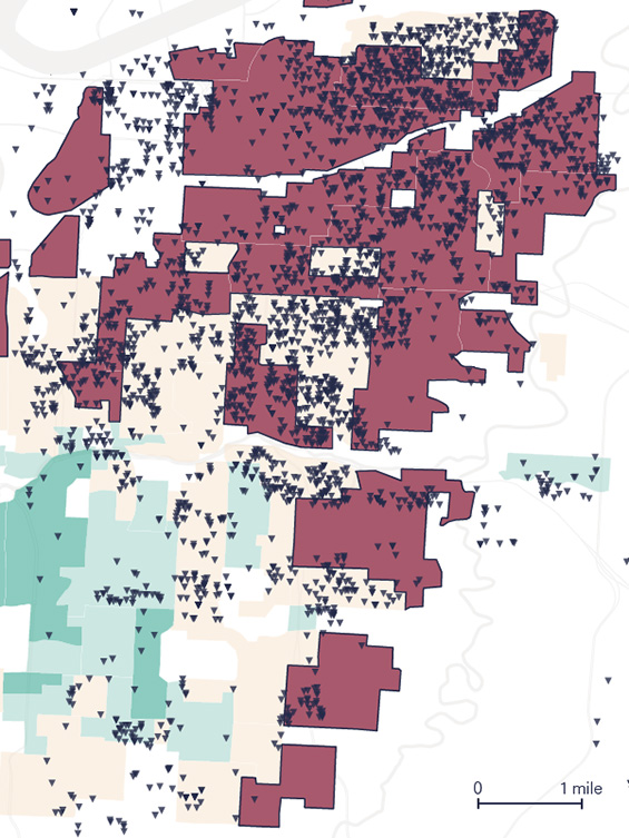Map of Kansas City, MO illustrates how 68% of historically redlined areas received slow internet speeds, according to a 2022 analysis of Internet service offers by The Markup