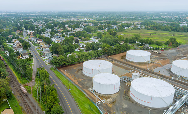 Woodbridge NJ town aerial panoramic view is a small town in USA near oil refinery industrial tank