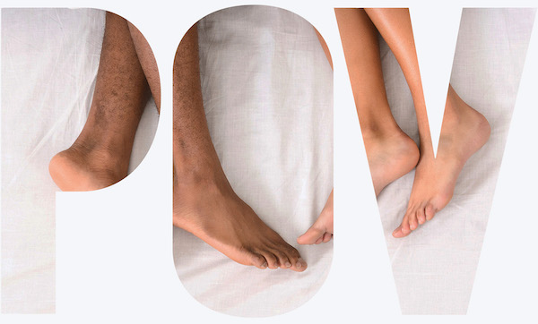 two people with only their feet revealed at the end of a bed masked by the letters POV