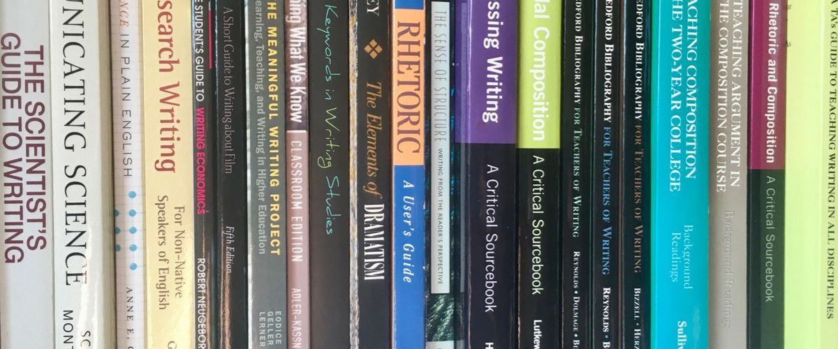 Composition and rhetoric books on a shelf