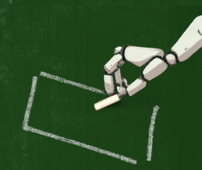 Robotic hand drawing with chalk on green board
