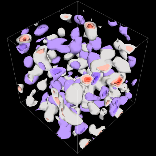 Purple, grey, pink, and red figure shows the contours of constant topological charge density for a quantum field theory on a lattice.