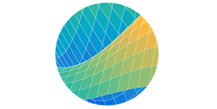 An abstract circular design with vibrant blue and yellow curves.