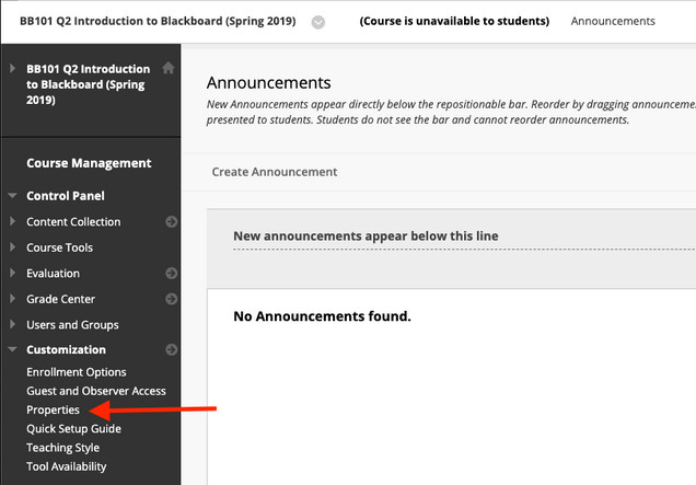 Screenshot pointing out the Properties option in the left sidebar menu of a Learn Original course.