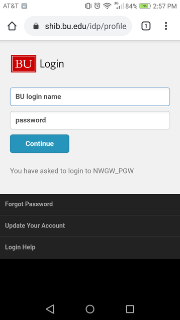 MyBUworks Android device BU login page