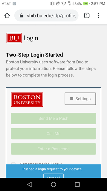 MyBUworks Android device DUO two step login page