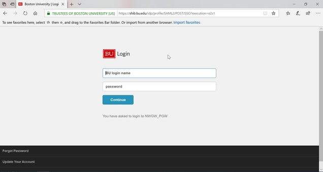 MyBUworks BU login page in IE browser