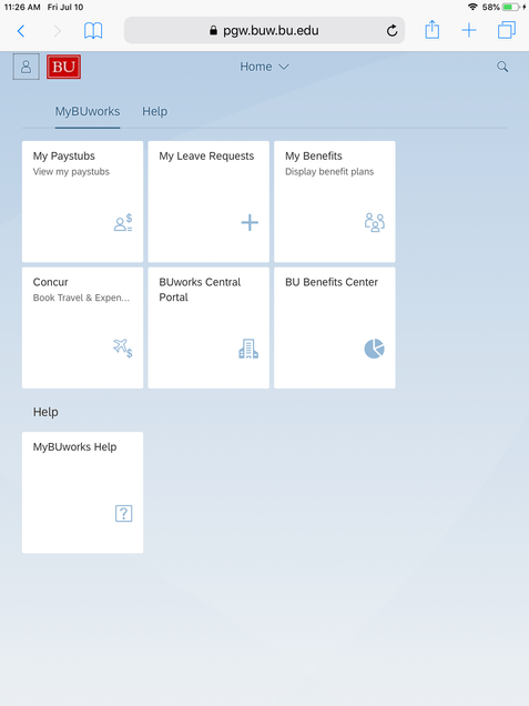 MyBUworks Launchpad Home page from iPad/iPhone