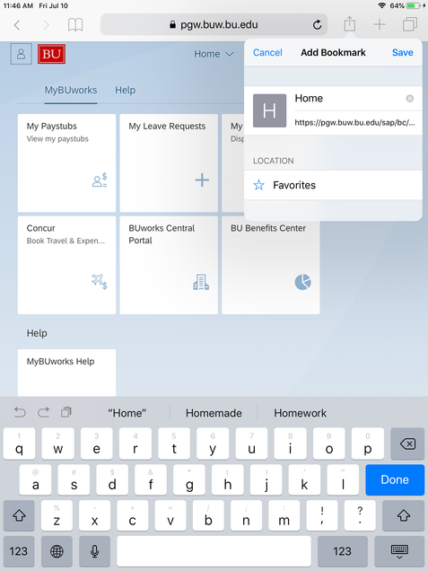 MyBUworks Add URL to safari browser Favorites step 2