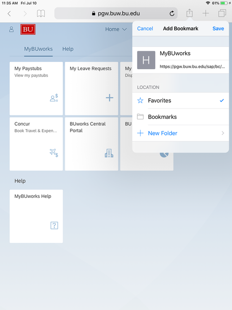 MyBUworks Add URL to safari browser Favorites step 3
