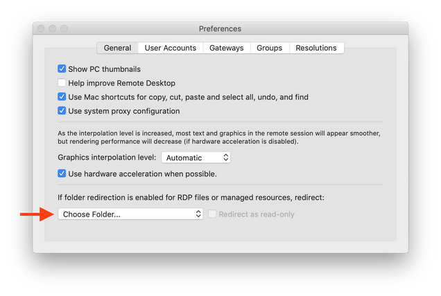 Microsoft Remote Desktop for Mac folder redirection configuration with choose folder highlighted