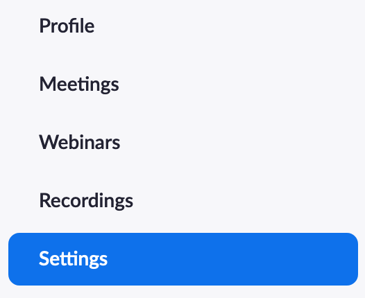 Zoom website menu with settings highlighted
