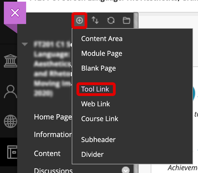 Click the + icon. This will open a menu. Select Tool Link.
