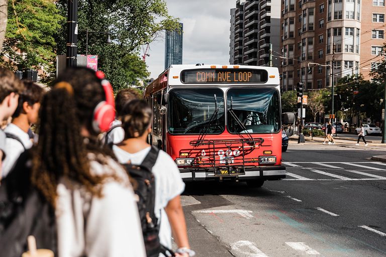 BU Bus approaching bus stop