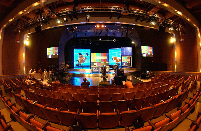 Fisheye photo of stage for The Daily Show Taping at the Tsai Center