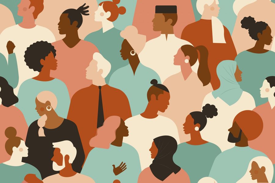 Graphic layered 2D drawing of a diverse group of people