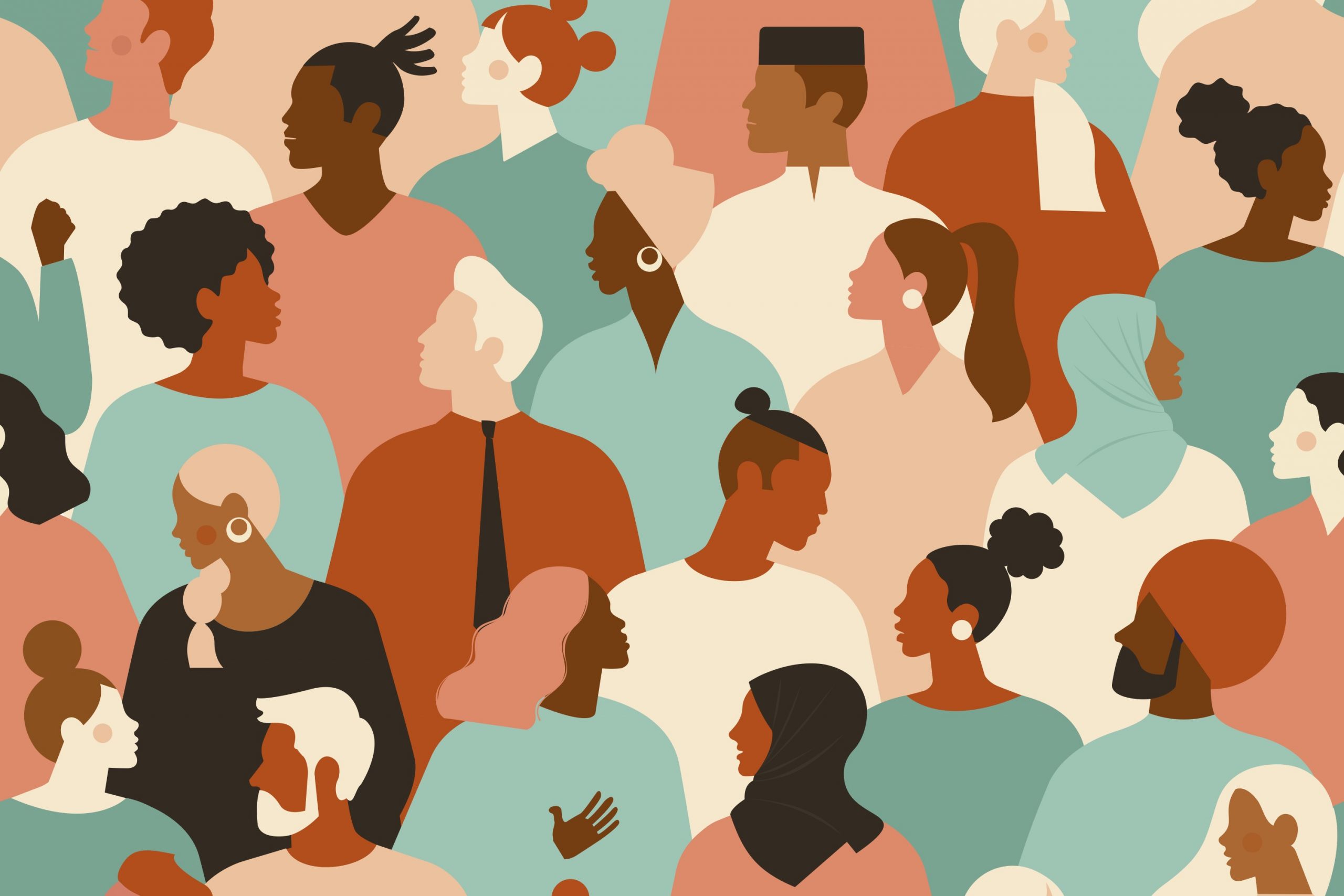 Graphic layered 2D drawing of a diverse group of people