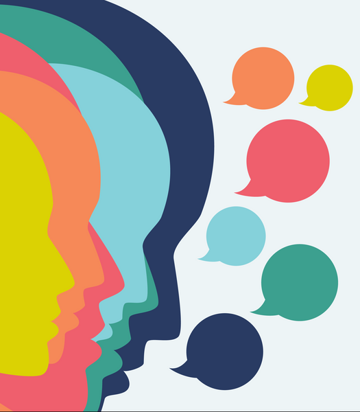 Graphic layered heads with speech bubbles