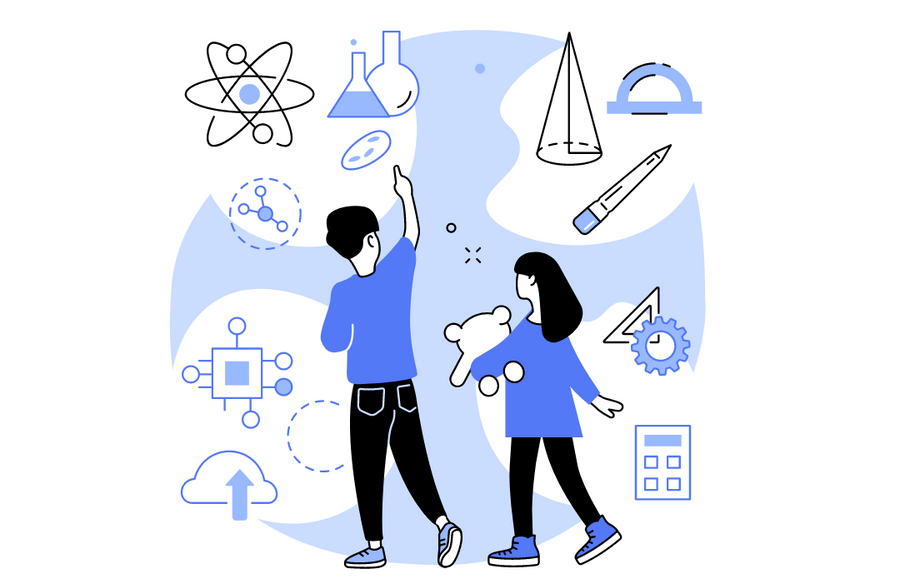 animated picture of young boy and girl looking out all graphic representation of stem fields