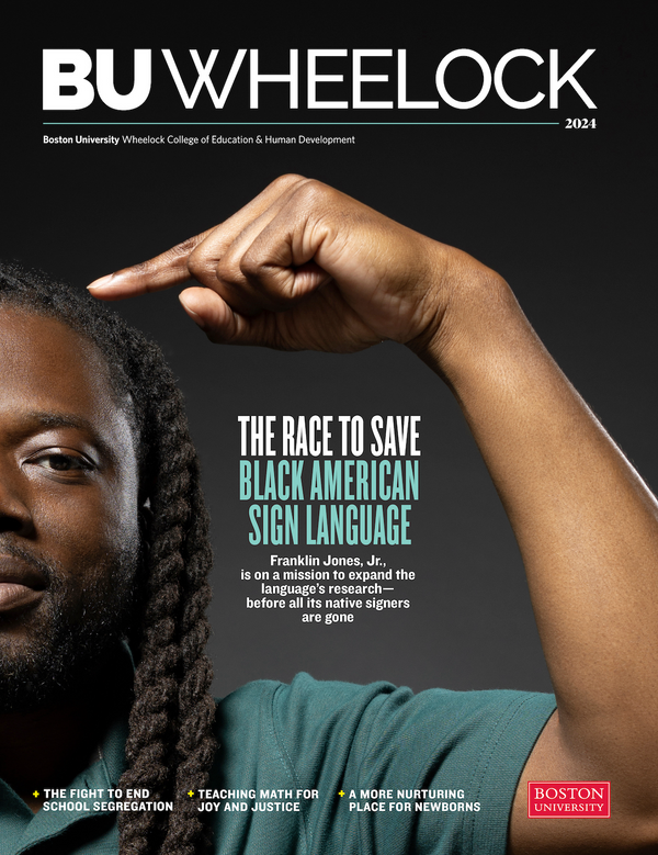 Cover of 2024 BU Wheelock Magazine Featuring Franklin Jones Jr. with the title " The Race to Save Black American Sign Language"