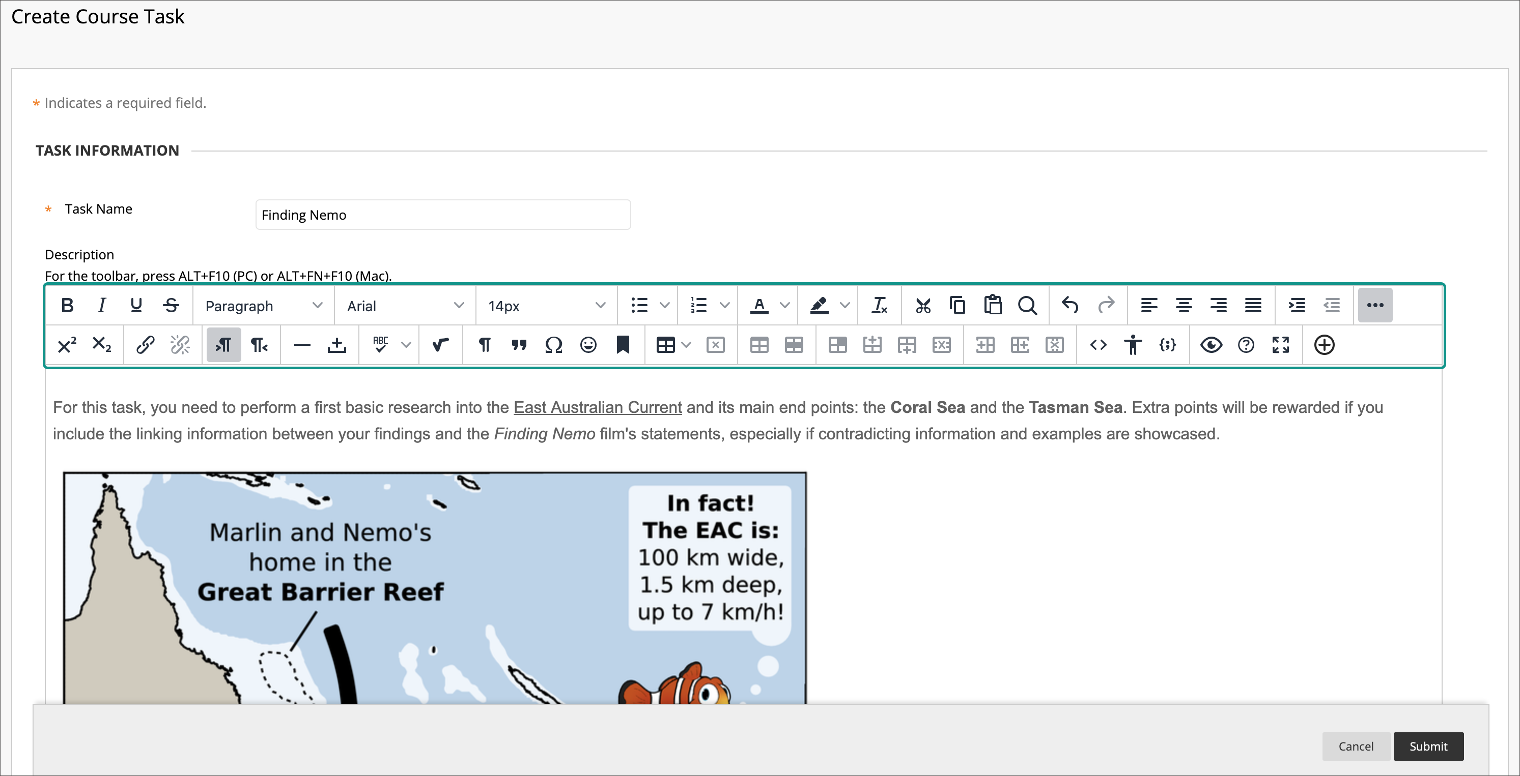Content editor example for adding text