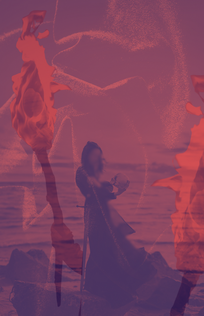 Poster art for "Emilia" featuring a woman holding a skull and a sword surrounded by flames against a red and purple background