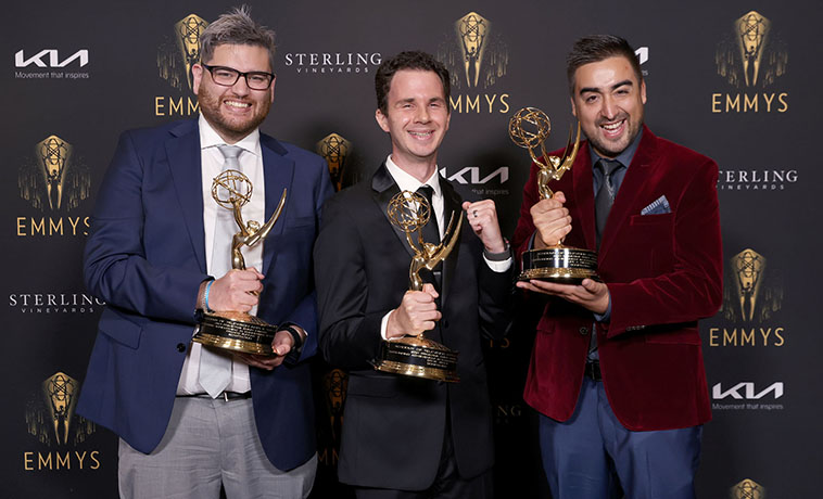 Franco Zuccar (from left), Steve Vitolo (COM’05), and Felipe A. Mendez of Scriptation with their statuettes, presented by the Television Academy on October 21, 2021, at the 73rd Engineering Emmy Awards.