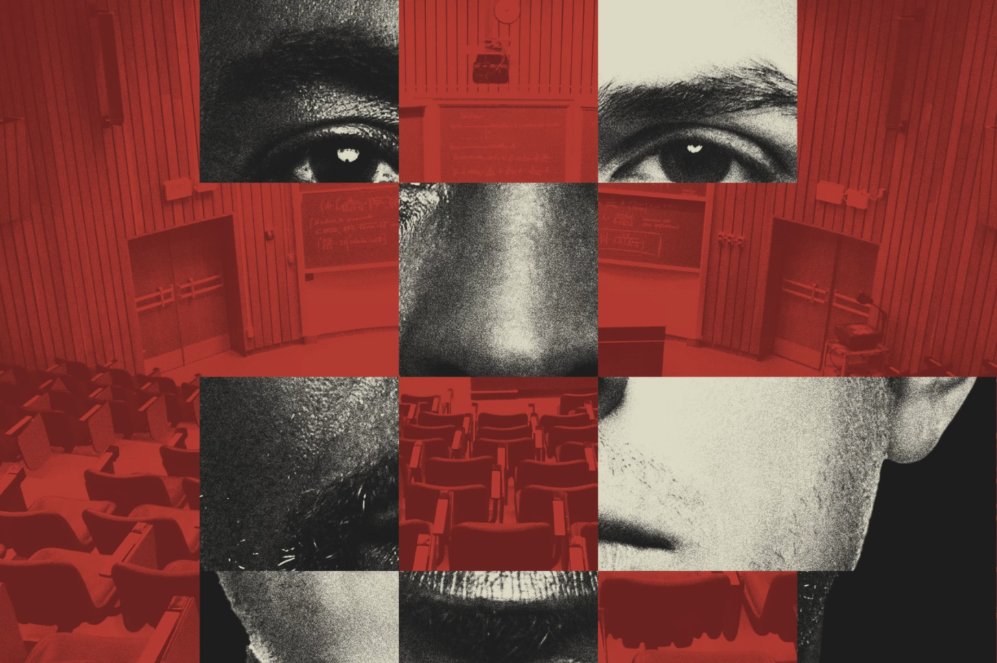 Graphic of mosaic tiles showing classroom, Black man's face, white man's face