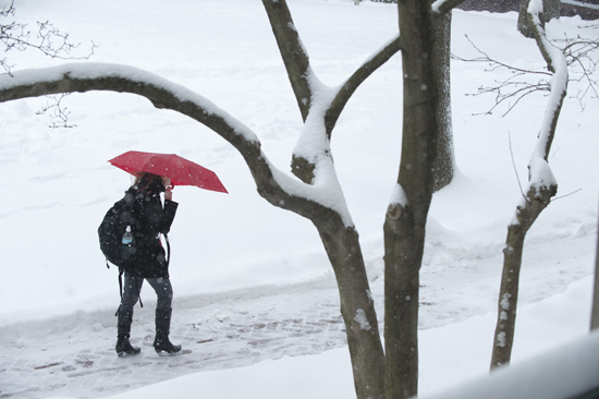 A student walks to her BU class in the snow. Photo: BU Today