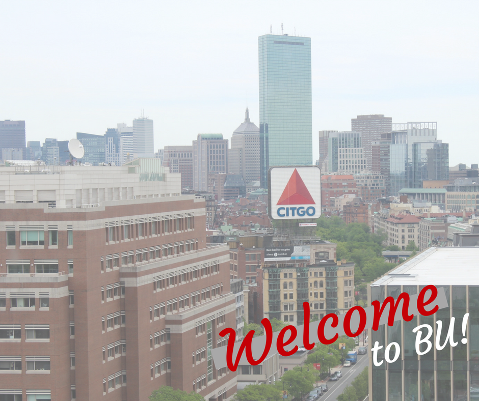 Boston city scene with words "Welcome to BU!"