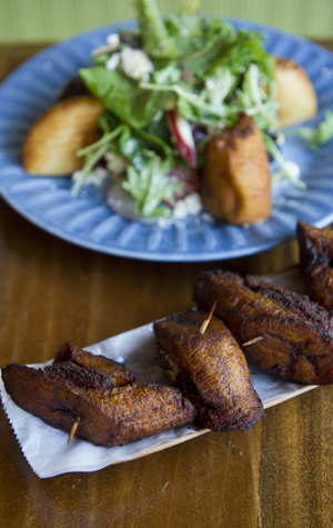 Orinoco latin restaurant maracuchitos and empanada mechada Orinoco latin Venezuelan ethnic restaurant Boston MA, where to eat in Boston, Boston restaurants, Maracuchitos, cheese wrapped in sweet plantains, Empanada mechada, shredded beef empanadas with salad