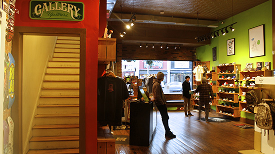The shop’s second floor art gallery regularly exhibits the work of local artists with ties to Boston’s skateboard community.