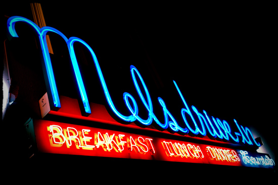 Signage of Mel's, the iconic drive-in diner in the film American Graffiti