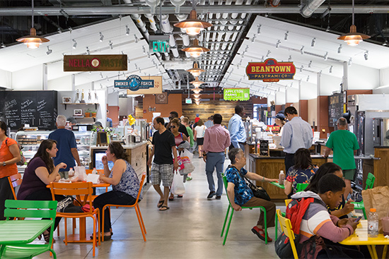 Patrons shop and eat in Boston Public Market