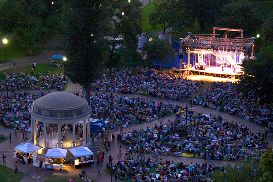 Aerial view of a Commonwealth Shakespeare Company production on Boston Common