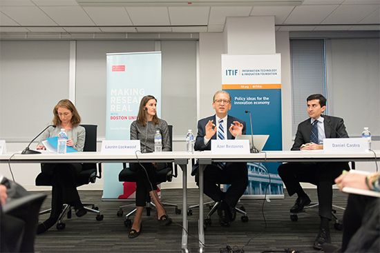 Elizabeth Grossman, Lauren Lockwood, Azer Bestavros, and Daniel Castro discuss smart cities at a panel discussion in Washington